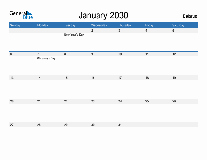 Fillable January 2030 Calendar