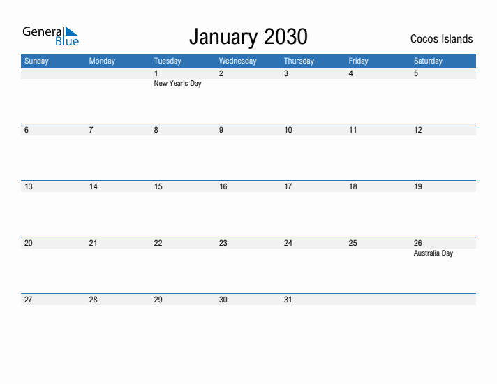 Fillable January 2030 Calendar