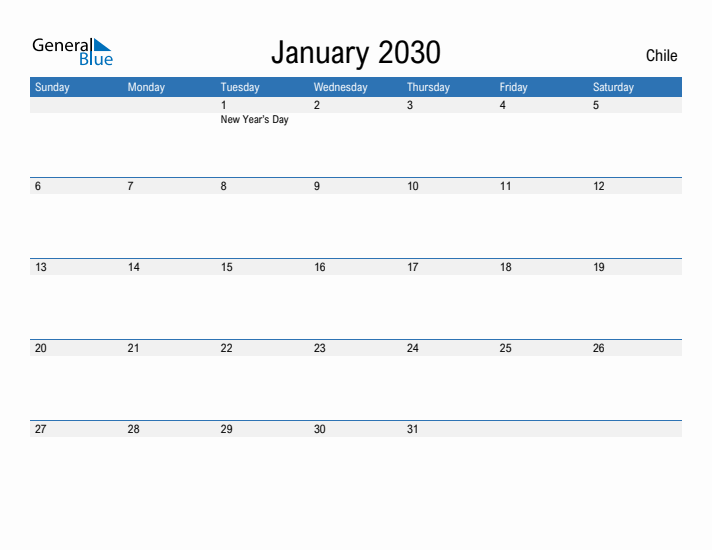 Fillable January 2030 Calendar