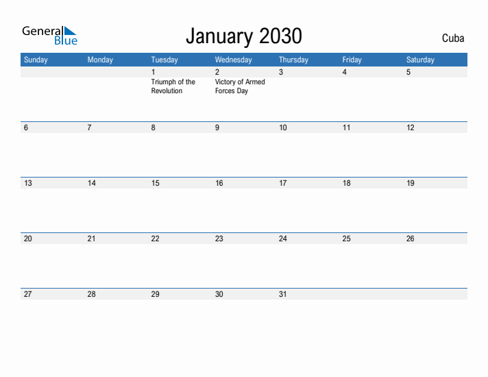 Fillable January 2030 Calendar