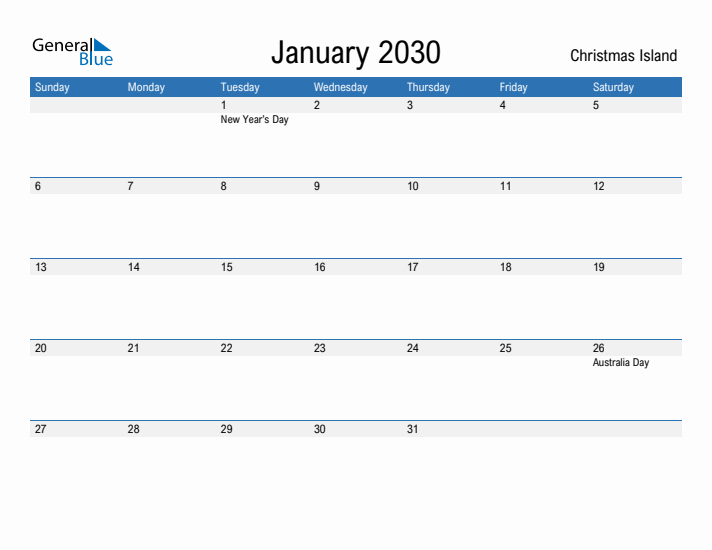 Fillable January 2030 Calendar