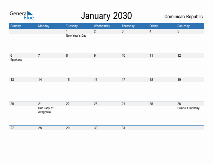 Fillable January 2030 Calendar