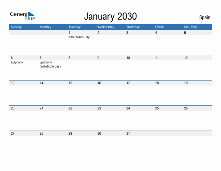 Fillable January 2030 Calendar