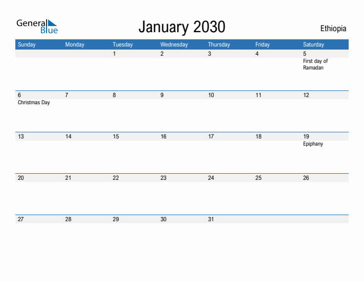 Fillable January 2030 Calendar