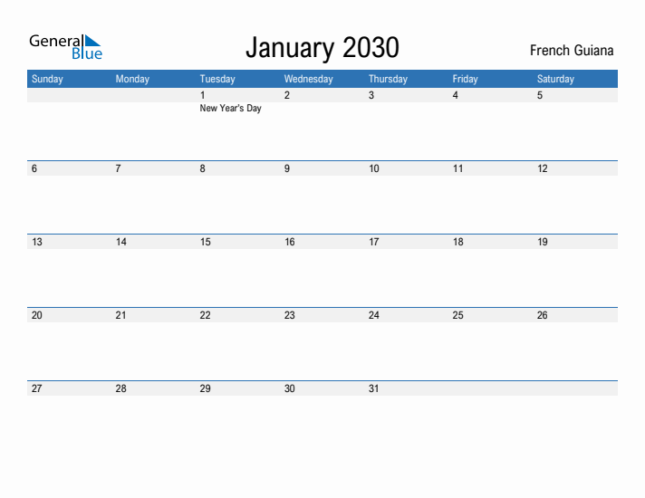 Fillable January 2030 Calendar