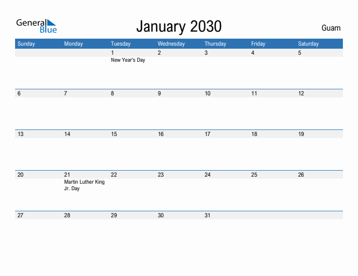 Fillable January 2030 Calendar