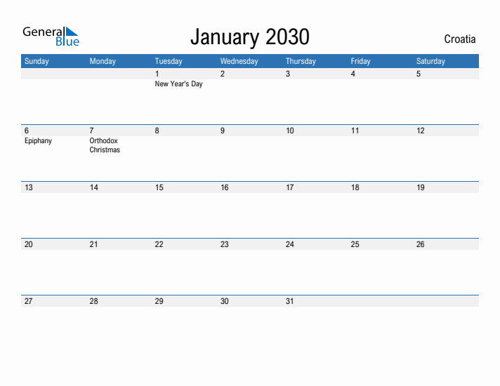 Fillable January 2030 Calendar