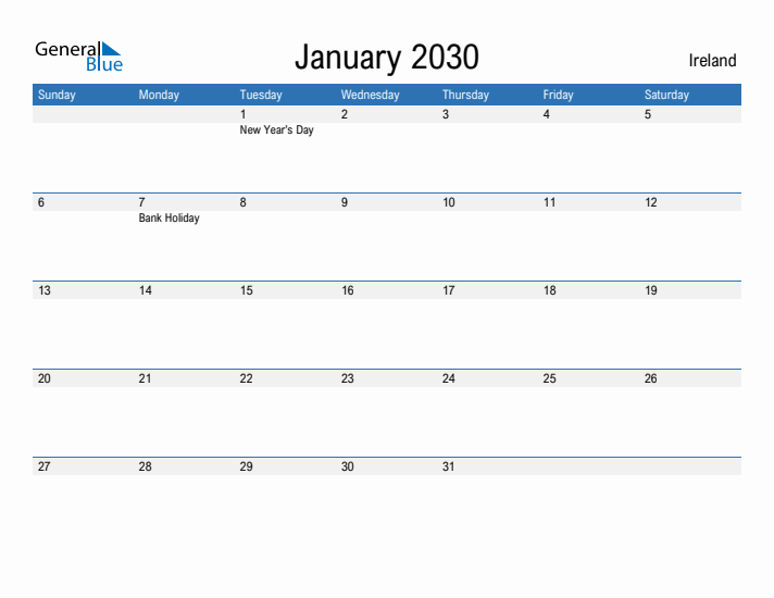 Fillable January 2030 Calendar