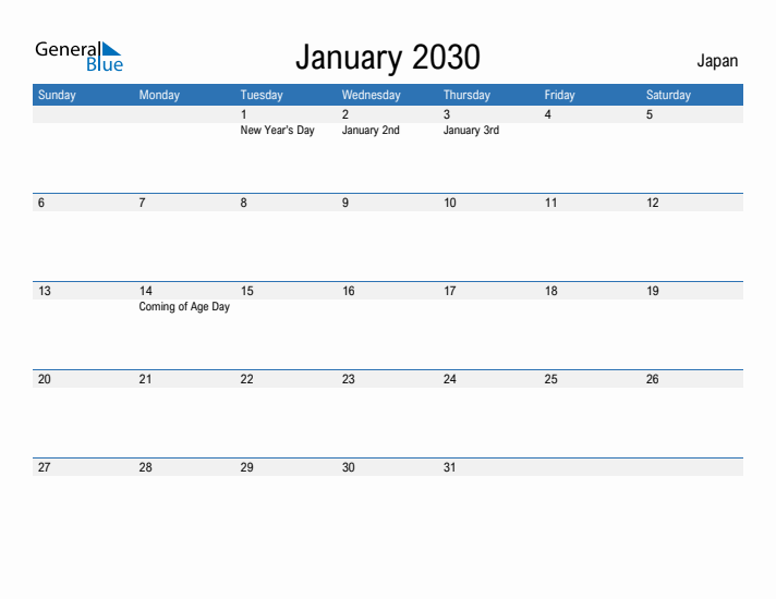 Fillable January 2030 Calendar