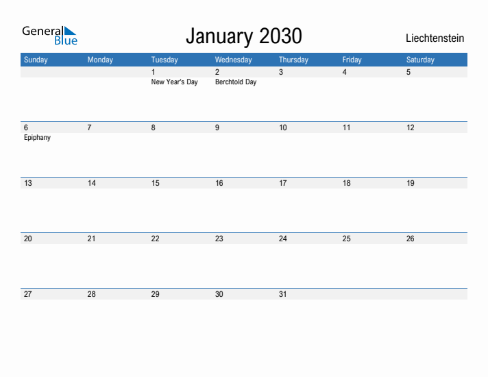 Fillable January 2030 Calendar