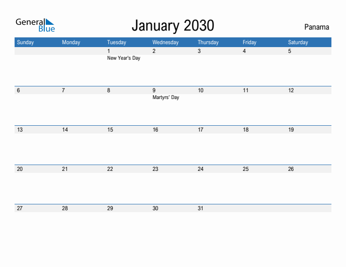 Fillable January 2030 Calendar