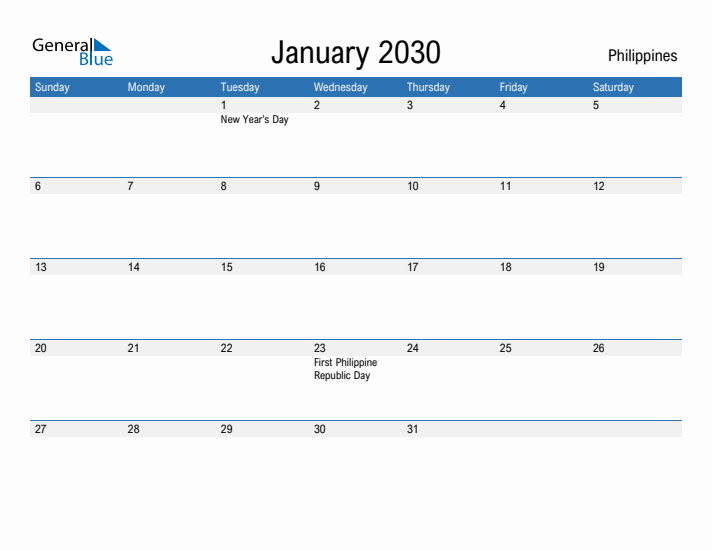 Fillable January 2030 Calendar