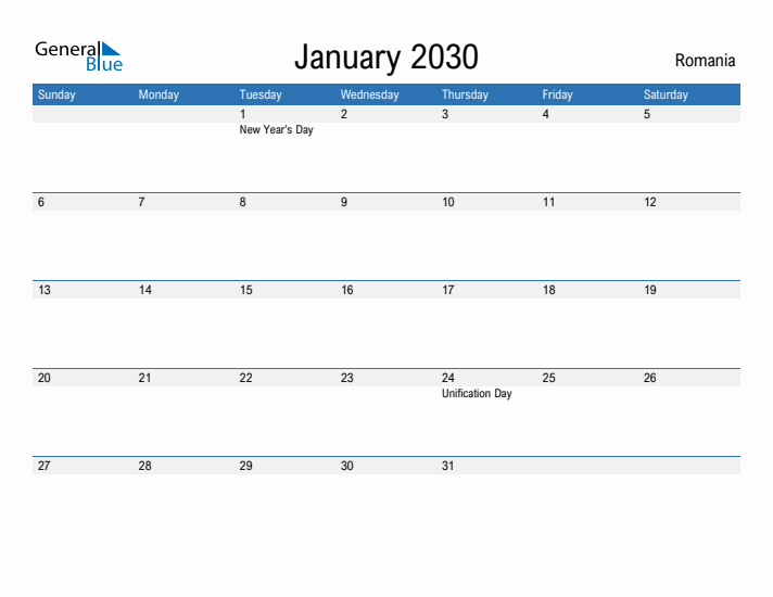 Fillable January 2030 Calendar