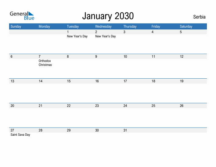 Fillable January 2030 Calendar