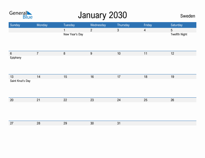 Fillable January 2030 Calendar