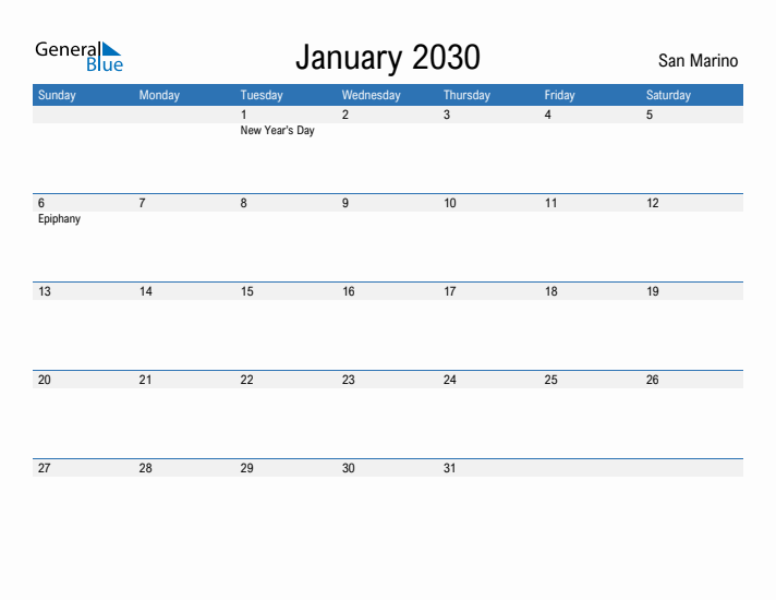 Fillable January 2030 Calendar