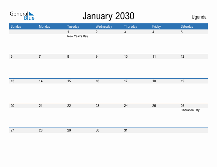 Fillable January 2030 Calendar