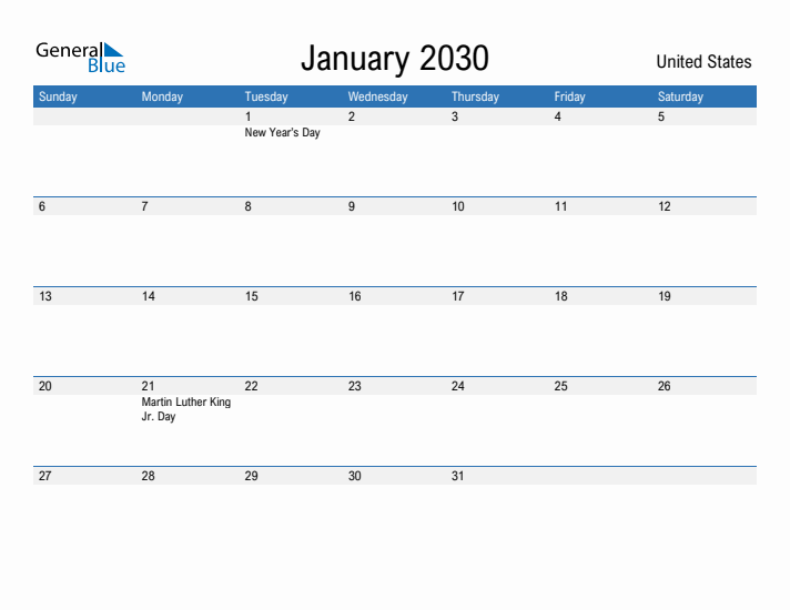 Fillable January 2030 Calendar