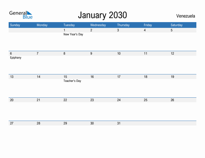 Fillable January 2030 Calendar