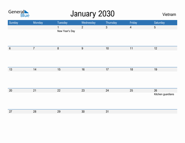 Fillable January 2030 Calendar