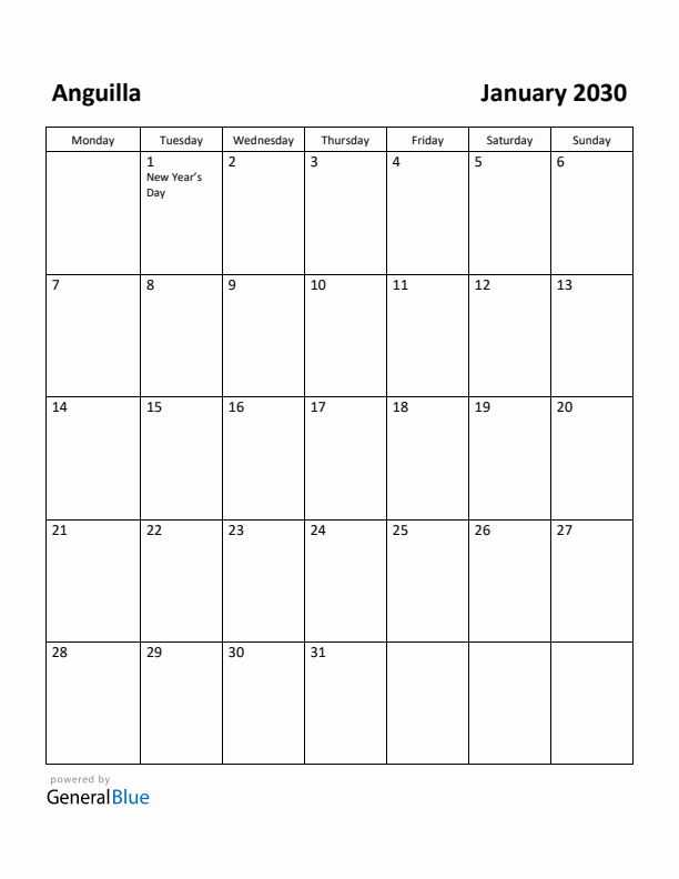 January 2030 Calendar with Anguilla Holidays