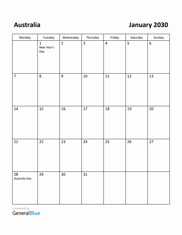 January 2030 Calendar with Australia Holidays