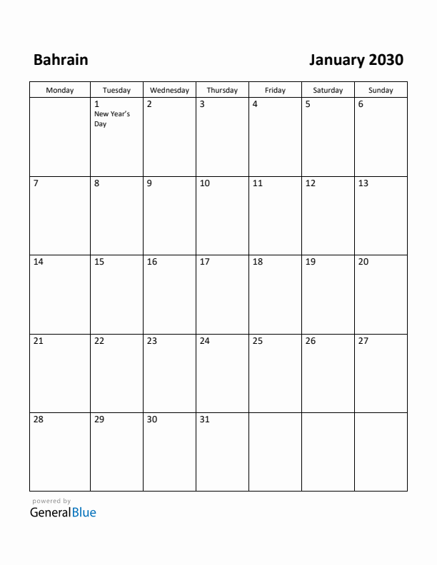 January 2030 Calendar with Bahrain Holidays