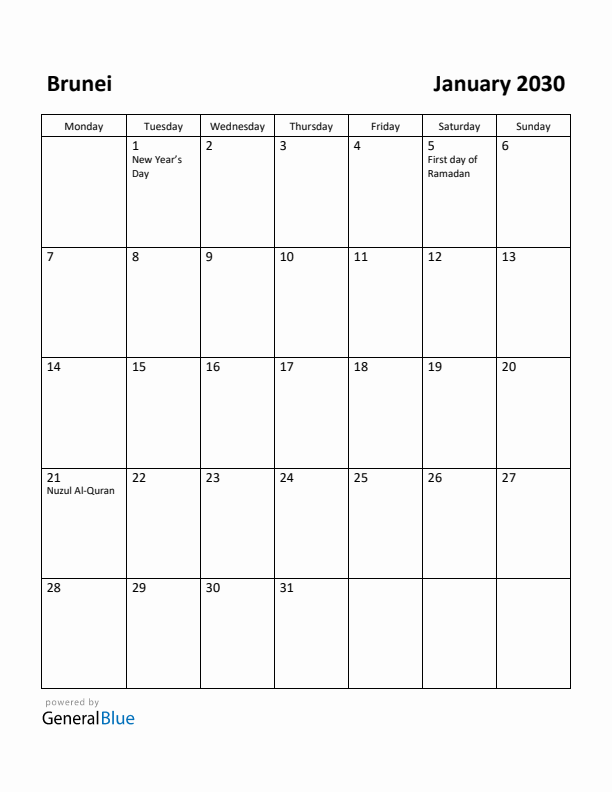 January 2030 Calendar with Brunei Holidays