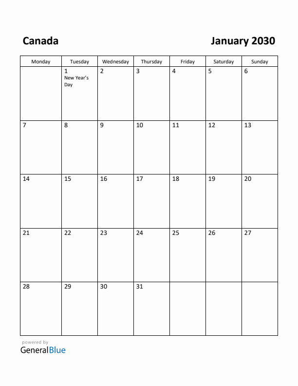 January 2030 Calendar with Canada Holidays