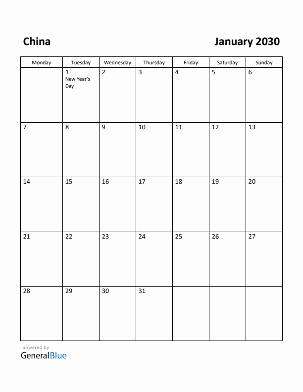 January 2030 Calendar with China Holidays