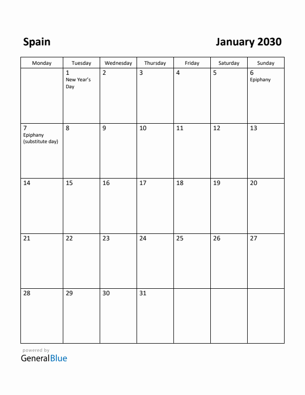 January 2030 Calendar with Spain Holidays