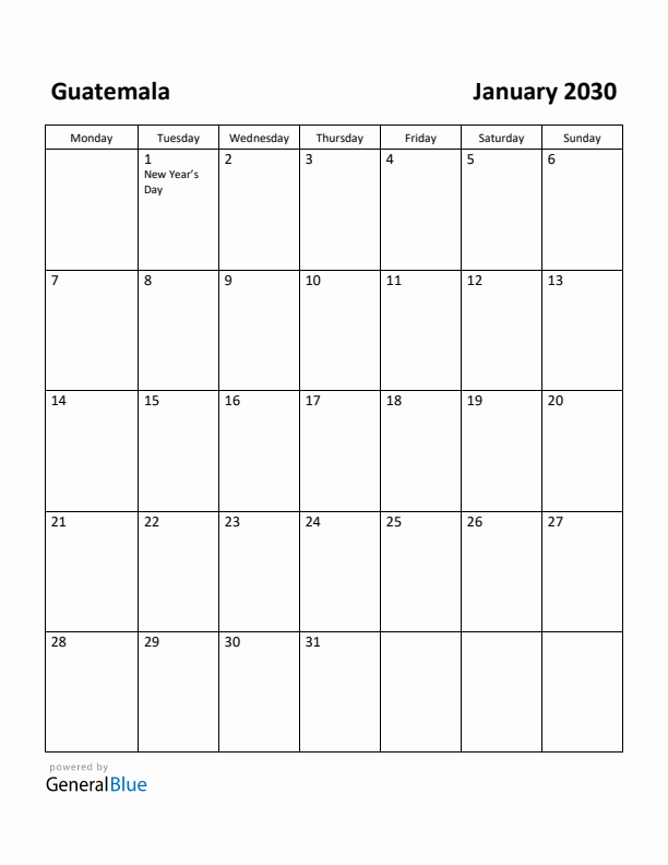 January 2030 Calendar with Guatemala Holidays