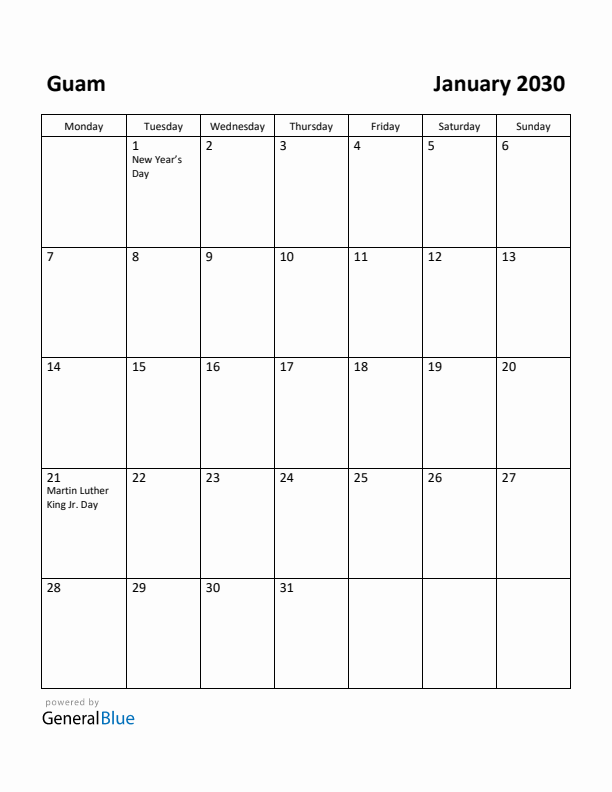 January 2030 Calendar with Guam Holidays