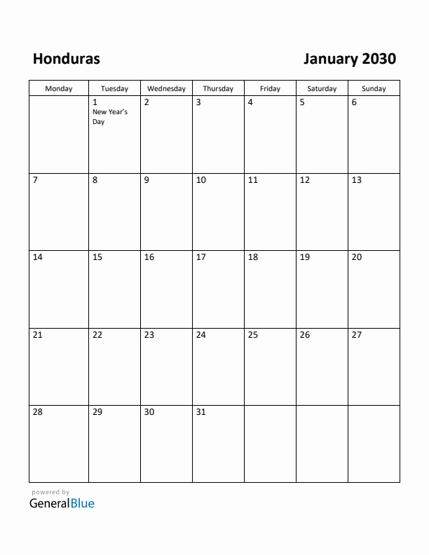 January 2030 Calendar with Honduras Holidays