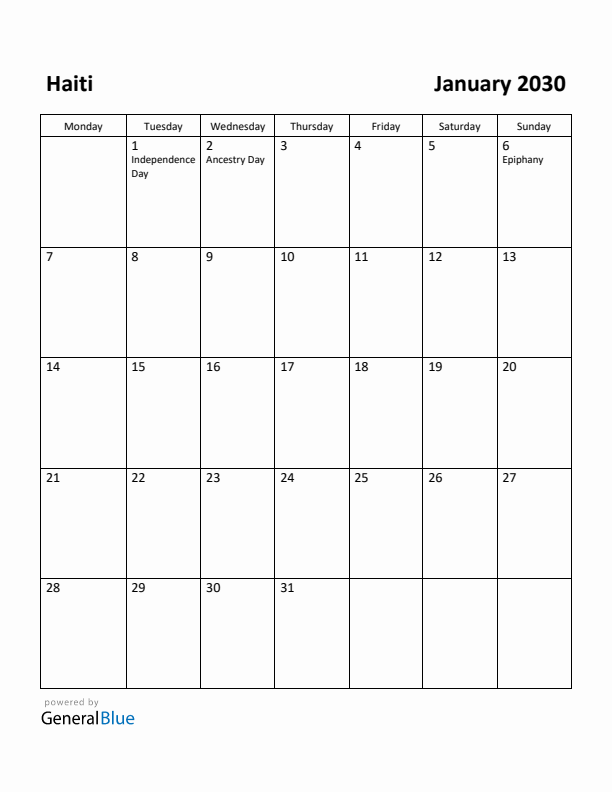 January 2030 Calendar with Haiti Holidays