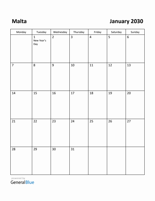 January 2030 Calendar with Malta Holidays