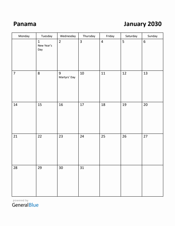 January 2030 Calendar with Panama Holidays