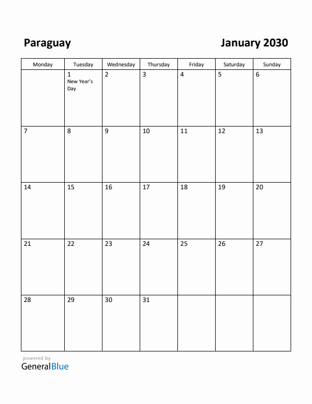 January 2030 Calendar with Paraguay Holidays