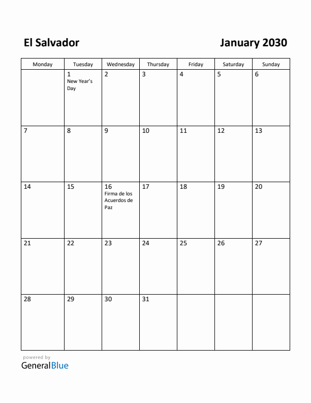 January 2030 Calendar with El Salvador Holidays