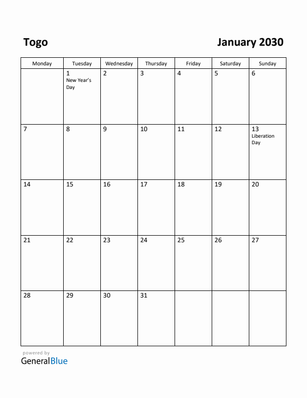 January 2030 Calendar with Togo Holidays