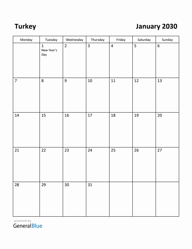 January 2030 Calendar with Turkey Holidays