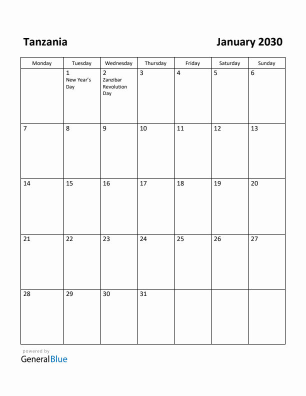 January 2030 Calendar with Tanzania Holidays