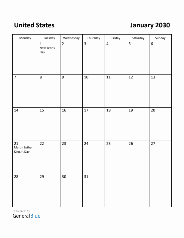 January 2030 Calendar with United States Holidays