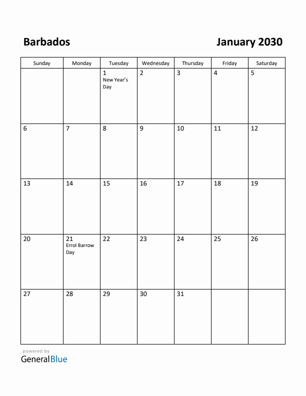 January 2030 Calendar with Barbados Holidays