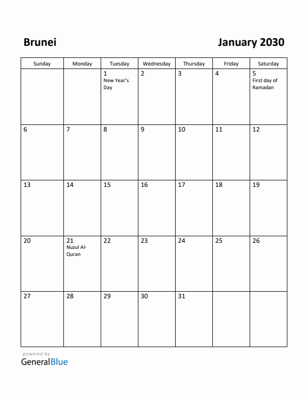 January 2030 Calendar with Brunei Holidays