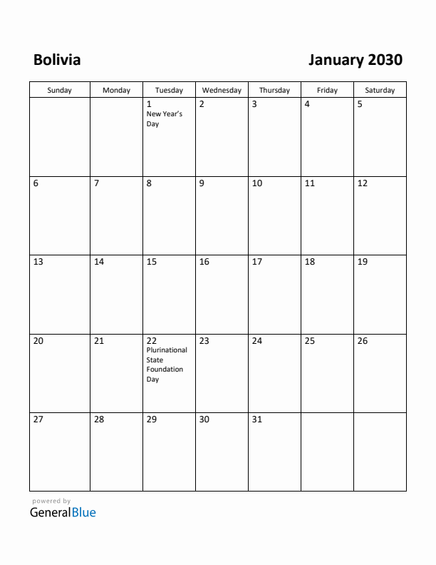 January 2030 Calendar with Bolivia Holidays