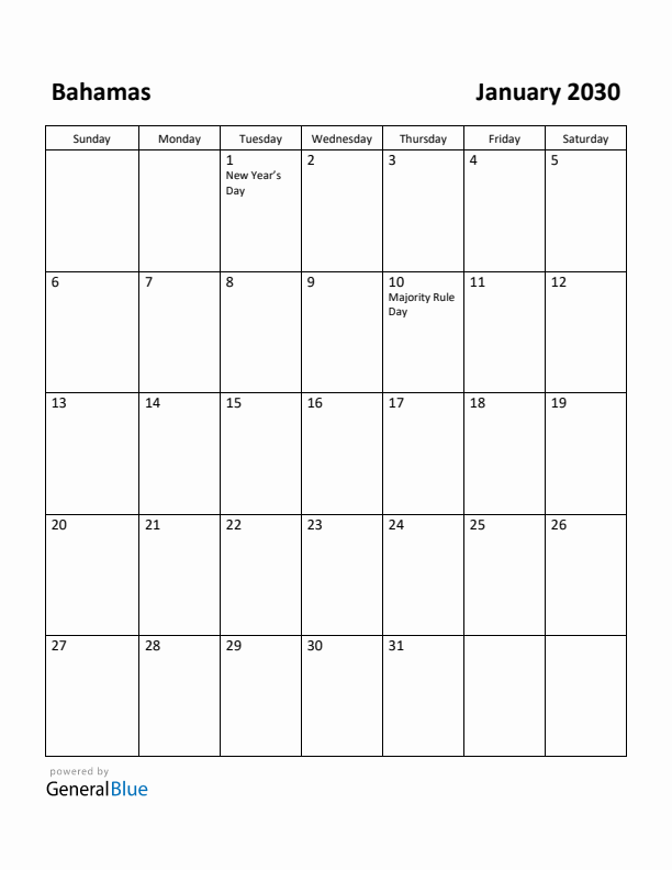 January 2030 Calendar with Bahamas Holidays