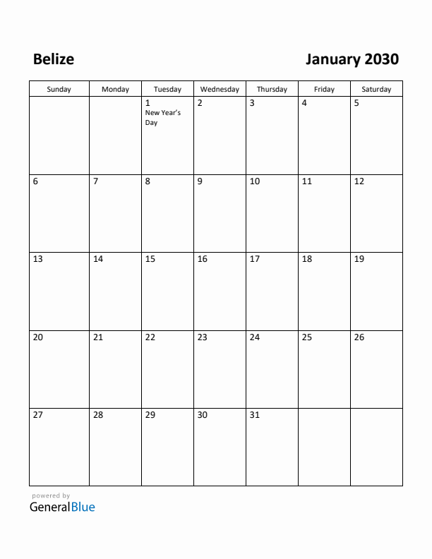 January 2030 Calendar with Belize Holidays