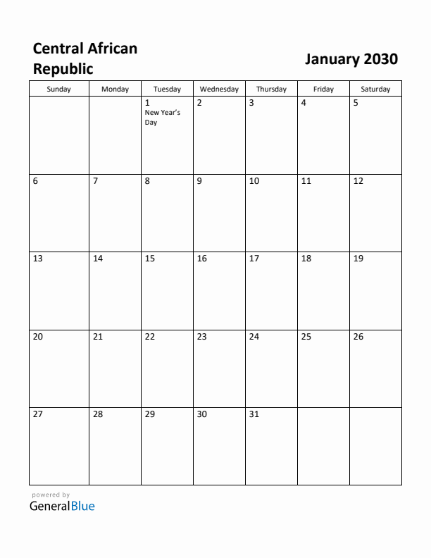 January 2030 Calendar with Central African Republic Holidays