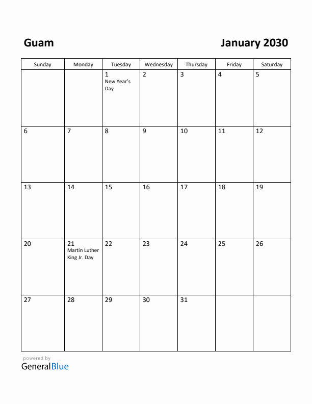 January 2030 Calendar with Guam Holidays